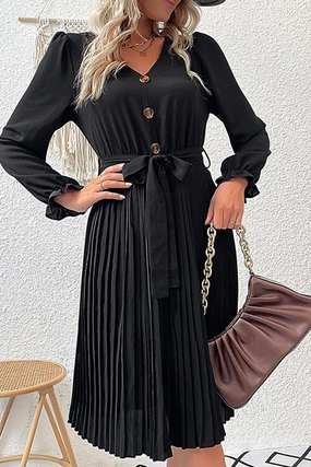 BUTTON DETAILED SLIM WIST PLEATED TRENDY DRESS Neutral Form Front Detail