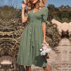PlushLining Versatile Wear BUTTON-DOWN COTTON AND LINEN V-NECK DRESS_CWDMD1653