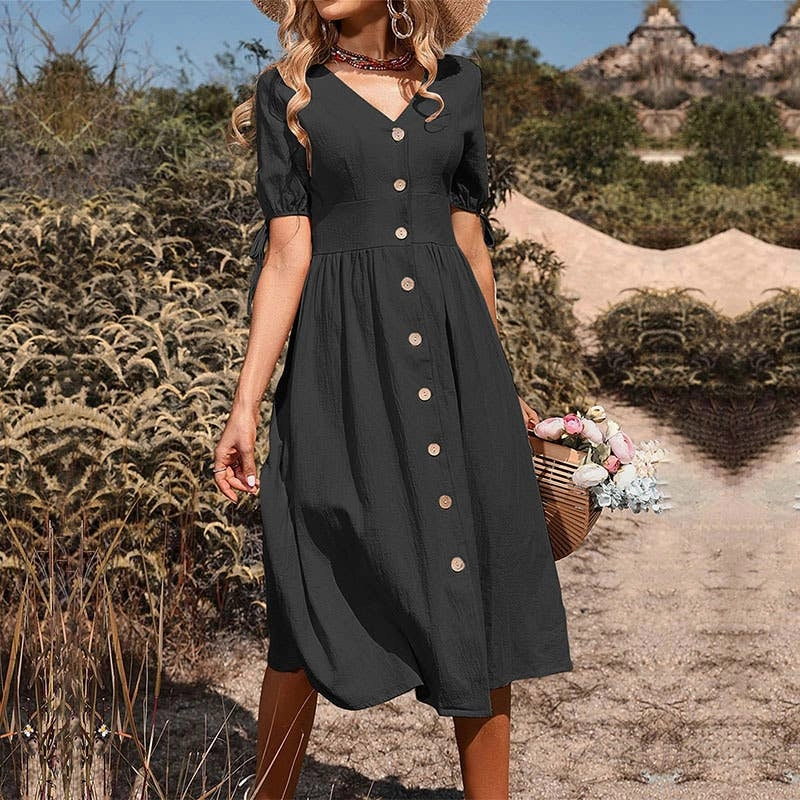 BUTTON-DOWN COTTON AND LINEN V-NECK DRESS_CWDMD1653 Soft Layers