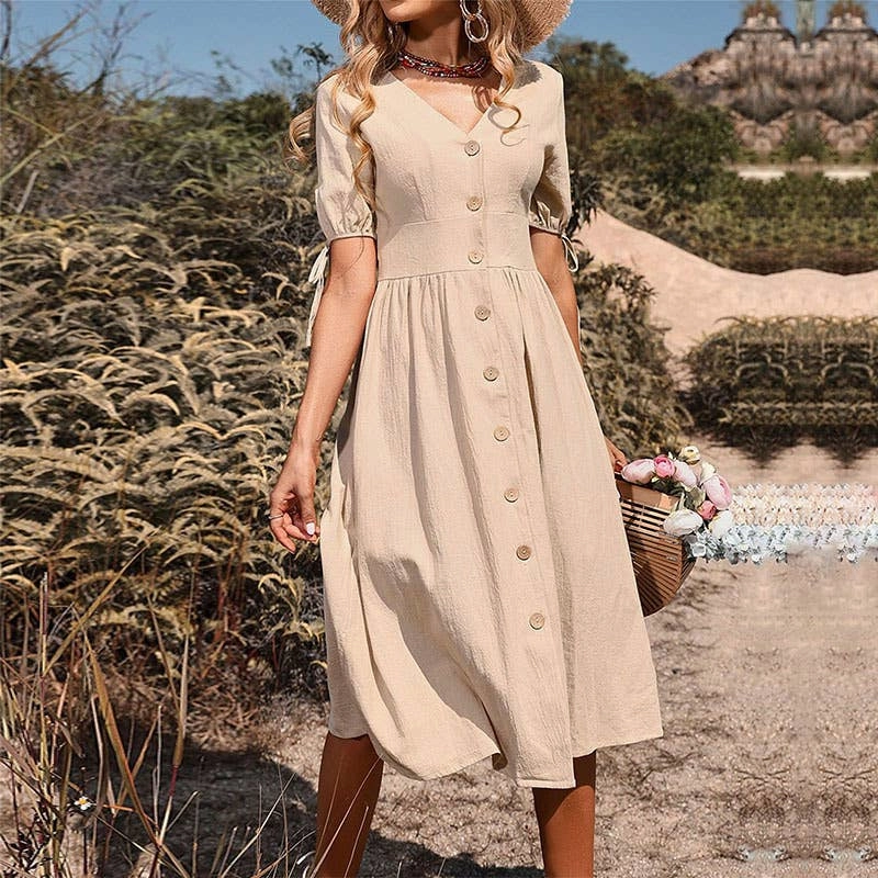 Breathable Wearable BUTTON-DOWN COTTON AND LINEN V-NECK DRESS_CWDMD1653