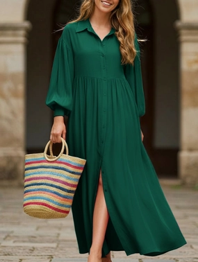 Side Ruching Soft Draping Button-Down Lapel Pleated Long-Sleeve Maxi Dress