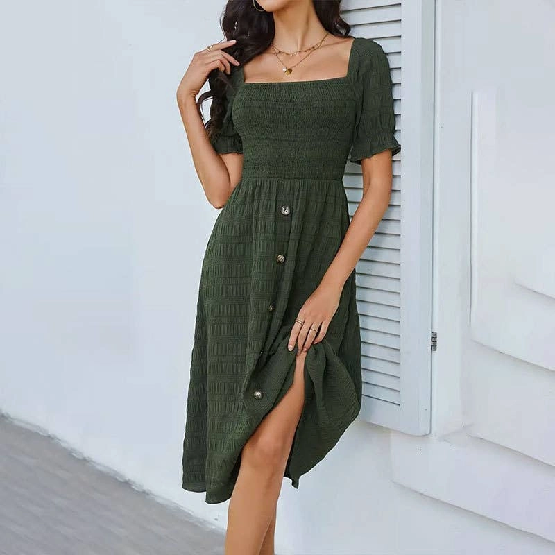 BUTTON-EMBELLISHED PLEATED DRESS_CWDSD3554 Mesh-Detail Simple Comfort