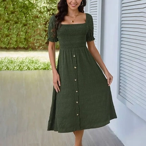 Minimalist Elegance Soft And Comfortable BUTTON-EMBELLISHED PLEATED DRESS_CWDSD3554