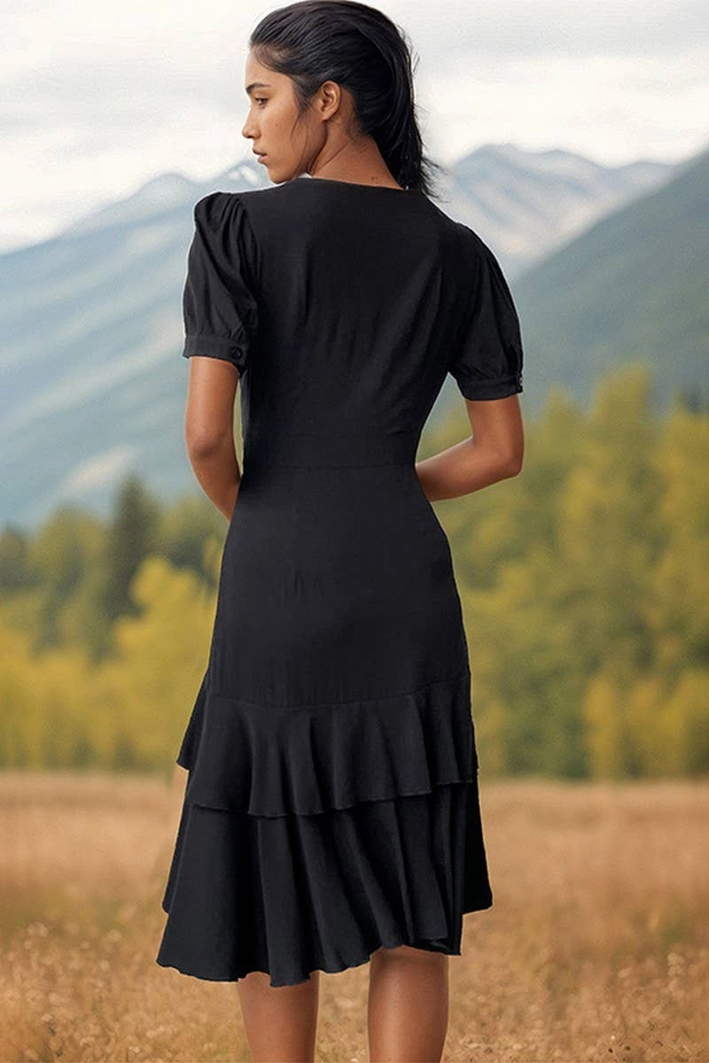 Flattering Wearable Pearl-Detail BUTTON SOLID COLOR IRREGULAR RUFFLED SLIM DRESS_CWDSD2903