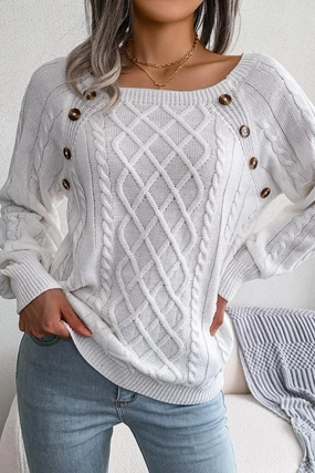 RaglanSleeve Oversized Fit CABLE KNIT BUTTON DETAILED PULLOVER SWEATER
