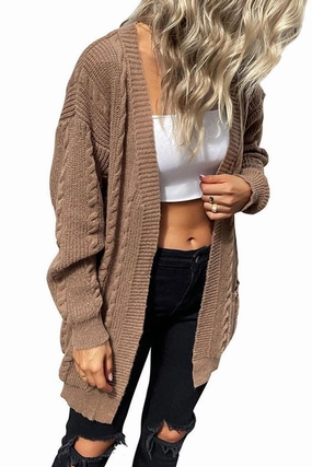 Bonded Seam Technique CABLE KNIT OPEN FRONT MIDI LENGH CARDIGAN