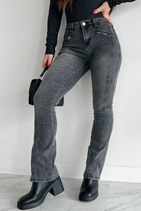 Quick Fit Design Calix Zipper Pocket Almost Famous Bootcut Jeans (Black Denim)