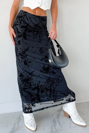 Call Me Back Floral Mesh Maxi Skirt (Black) Hip Skimming Gentle Vibe