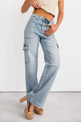 Callum Wide Leg Cargo Mica Denim Jeans (Light) Basic Look Quick Comfort Fit
