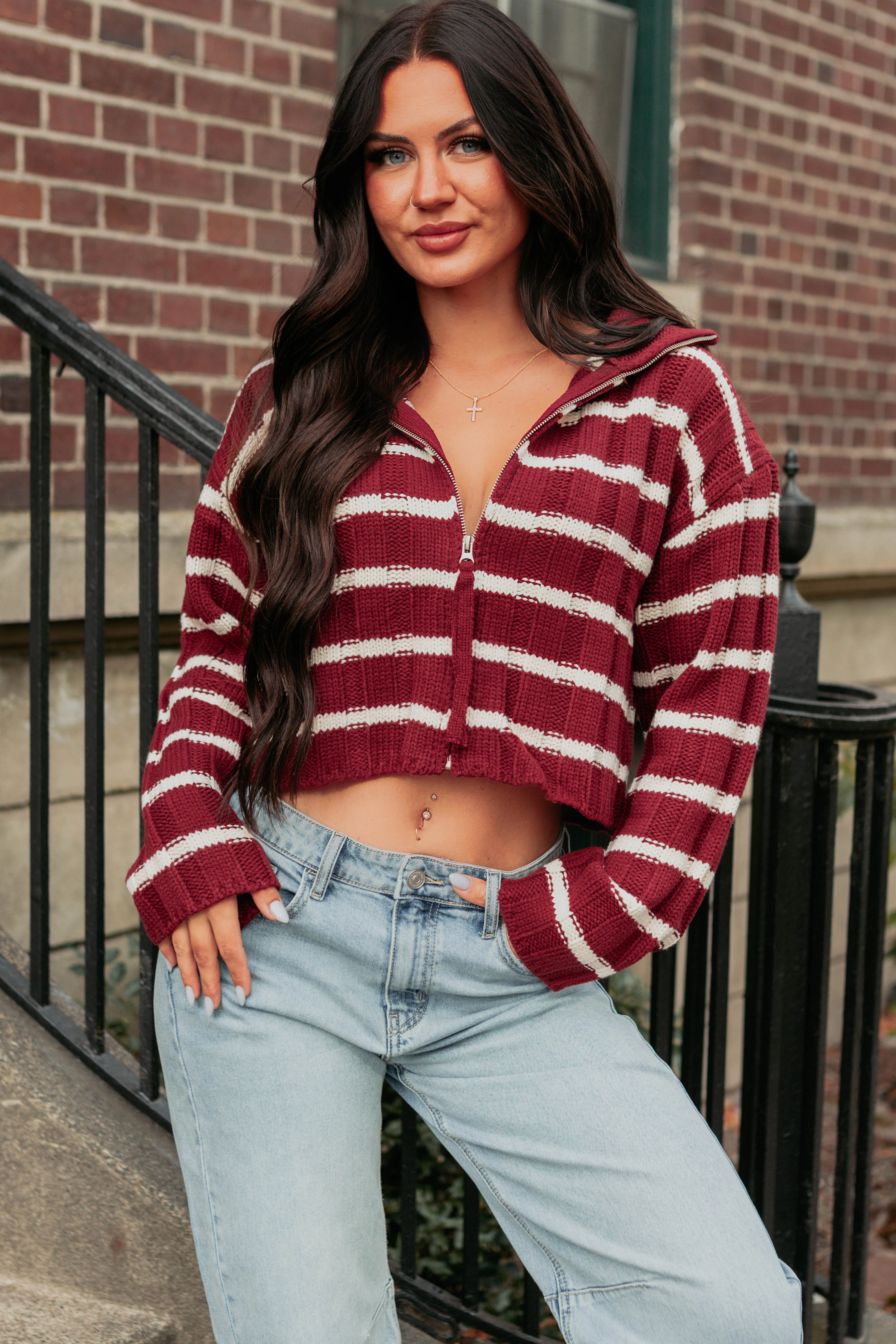 Moisture Wicking Material ReflectiveTrims Calm Assurance Striped Zip-Up Sweater Jacket (Wine)