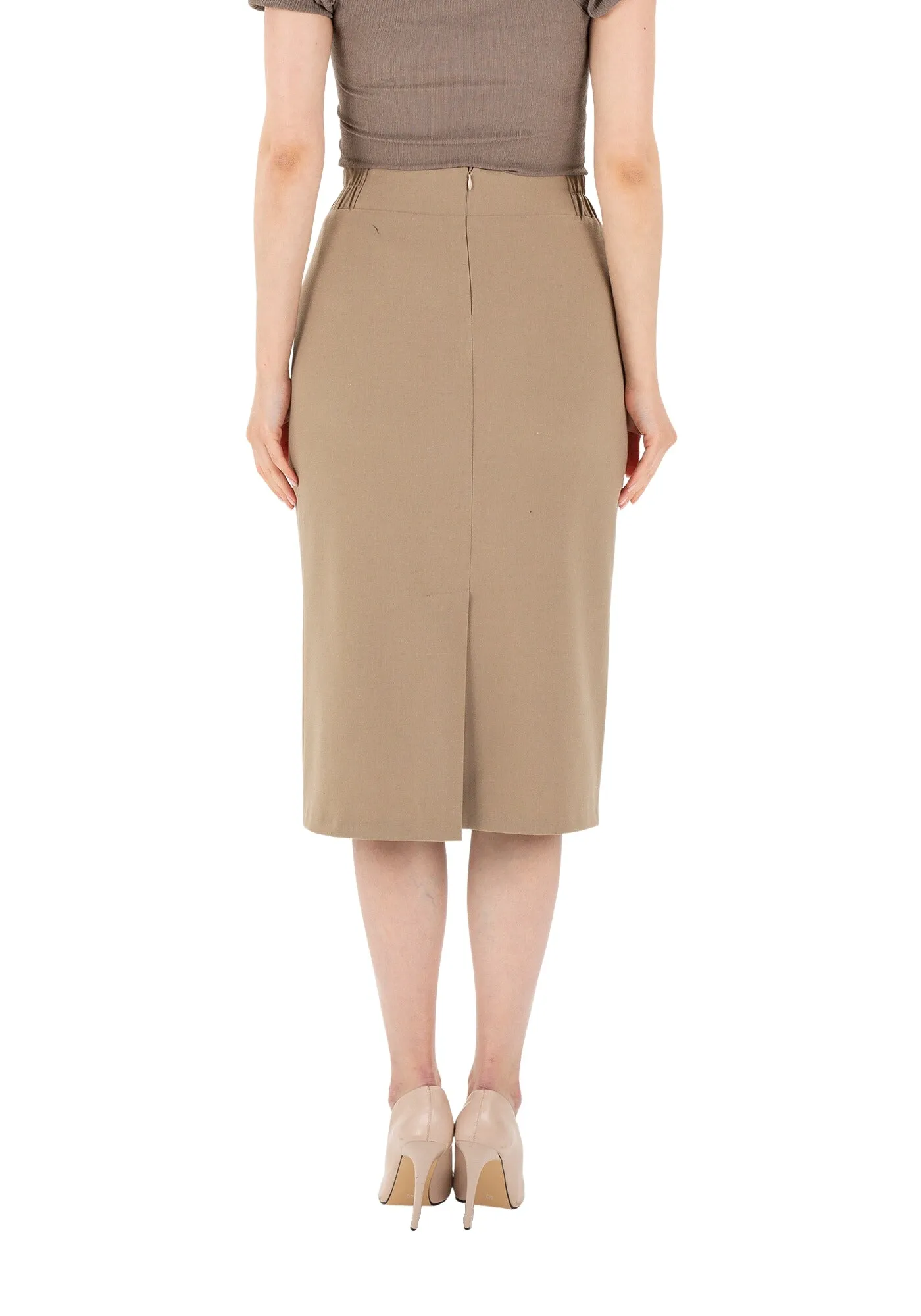 Camel Midi Pencil Skirt with Elastic Waist and Closed Back Vent