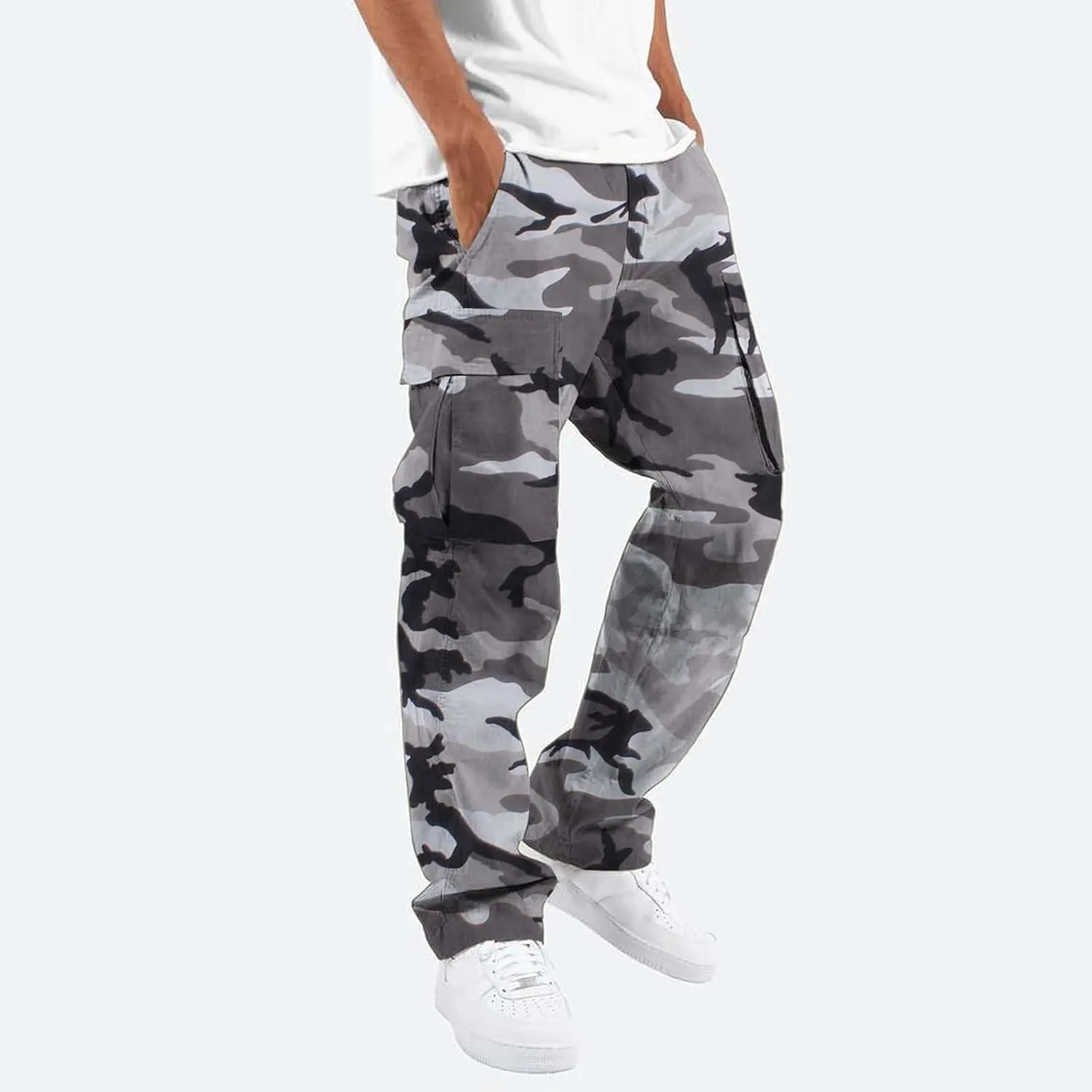 Camo Cargo Pants for Men Loose Fit Casual Lightweight Straight Cargo Sweatpants with Pockets Outdoor Hiking Joggers