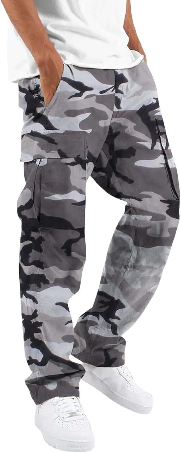 Camo Cargo Pants for Men Loose Fit Casual Lightweight Straight Cargo Sweatpants with Pockets Outdoor Hiking Joggers