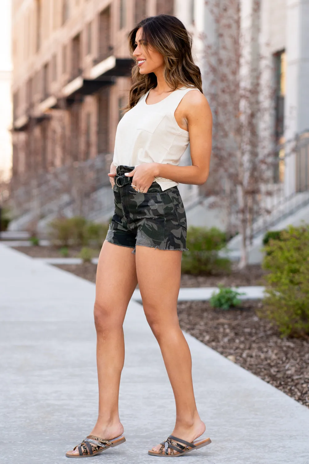 Camo High Rise Tie Shorts