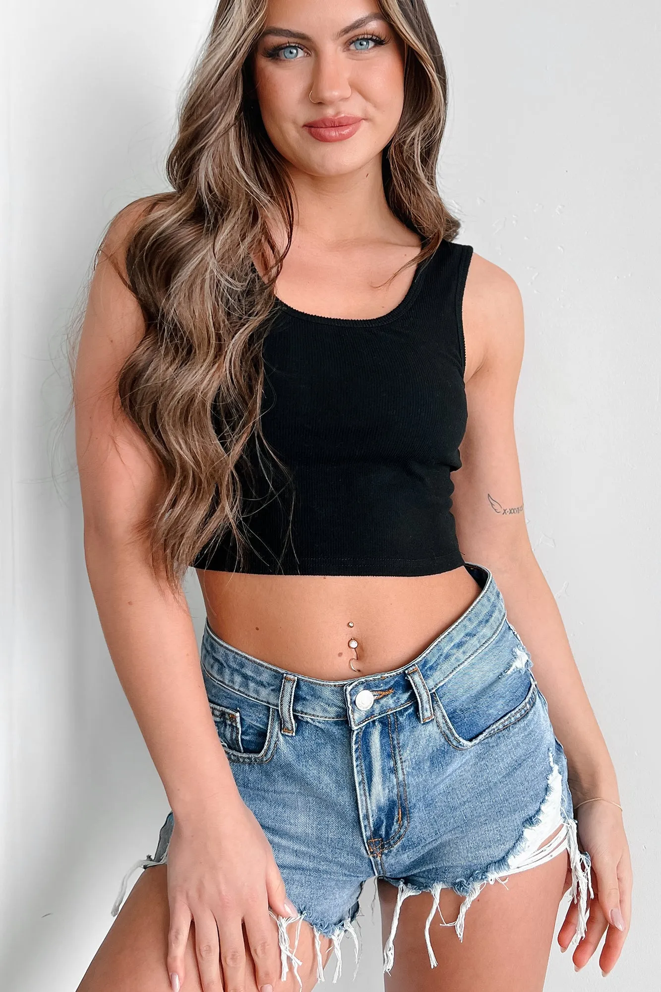 Durable Overlock Stitch Breathable Material Candid Responses Brami Crop Tank (Black)