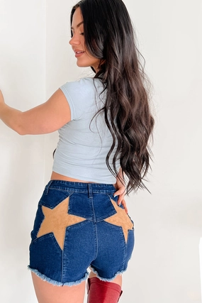 Stretch Flex Beach Vibe Act Confident Star Detailed Denim Shorts (Dark Denim/Tan)