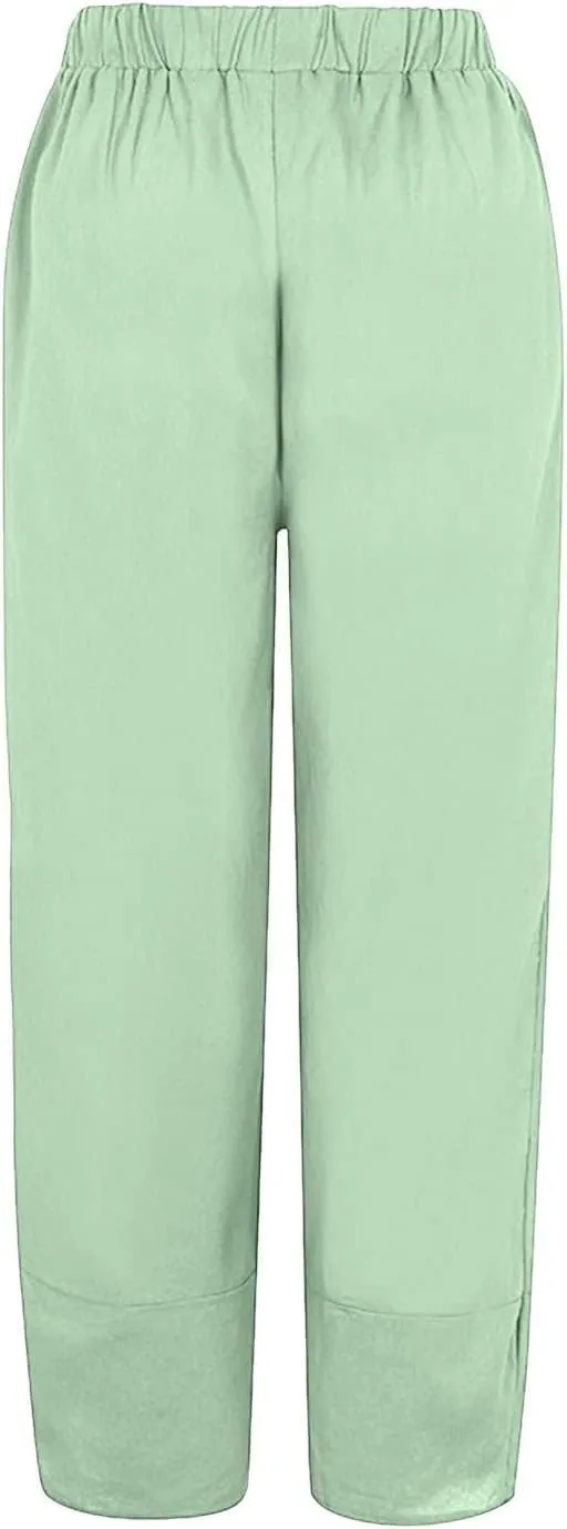 Capris Linen Pants for Women Ocean Japanese Art Printed Baggy Cropped Wide Leg Pallazzo Trousers Pants for Beach