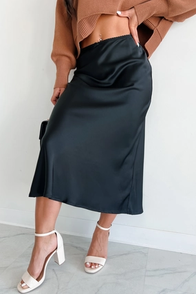 Chic Endeavors Satin Midi Skirt (Black) Lightweight Material Light Comfort