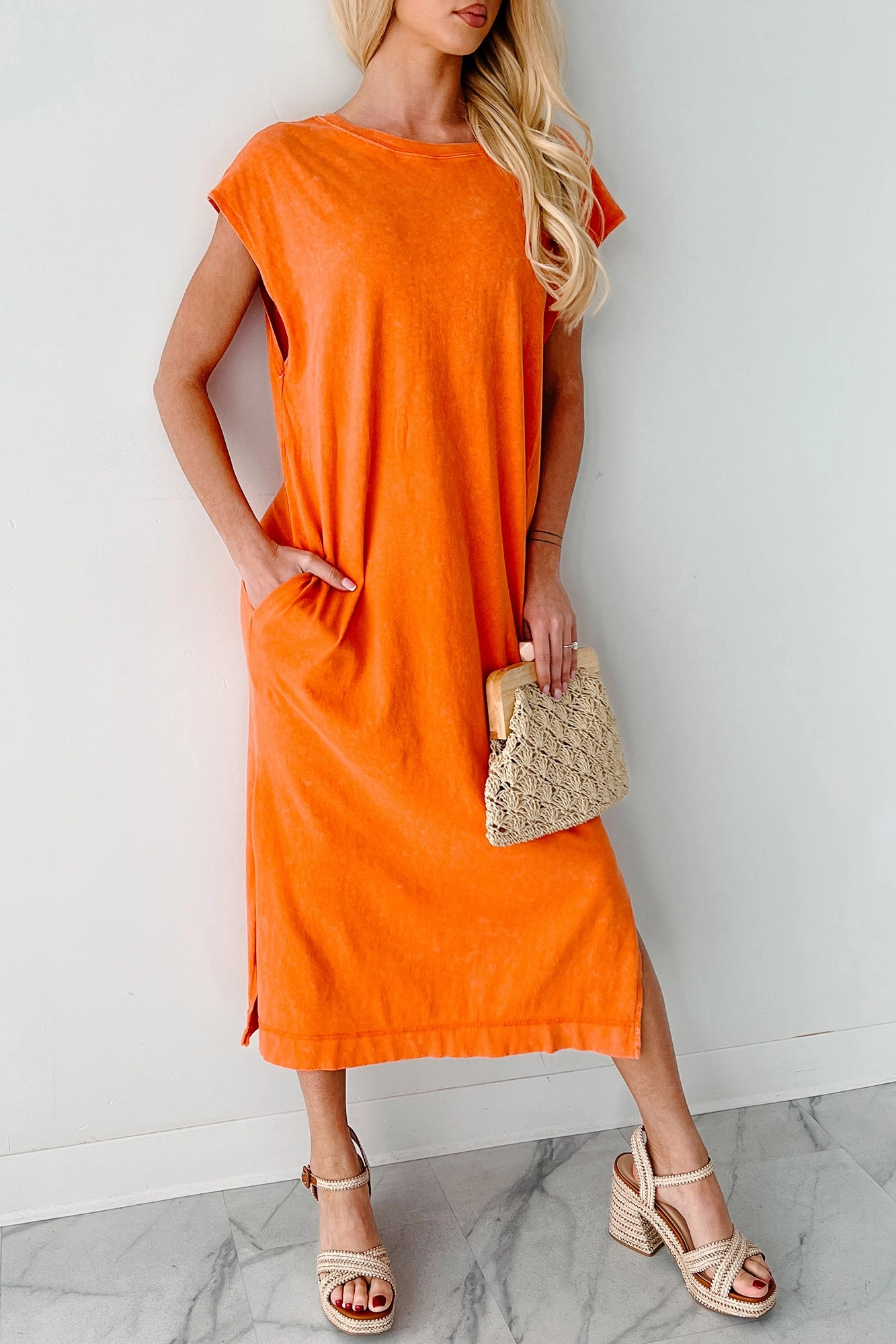 Romantic Soft All-Day Comfort Wear Sundays In Bed Sleeveless Midi Dress (Orange)