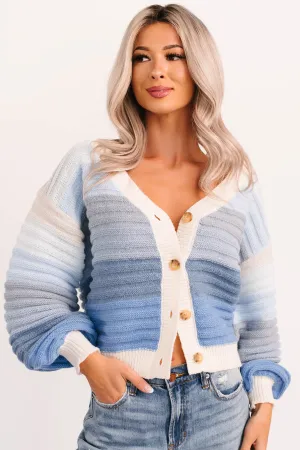 AbrasionResistant Fabric Double Needle Hemming Morning Breeze Ombre Striped Knit Cardigan (Blue)