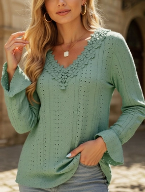 Vintage Hollow Crochet V-Neck Long Sleeve Shirt Linen Blend Fabric