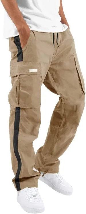 Cargo Pants for Men Baggy Casual Pants for Men False Zipper Pockets Low Rise Jogging Pants Straight Leg Elastic Waist