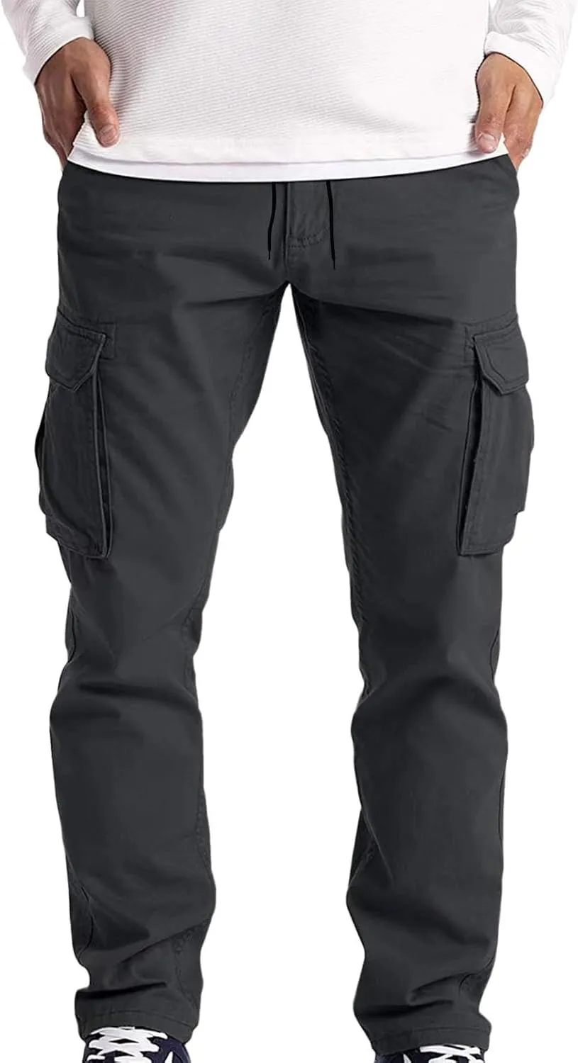 Cargo Pants for Men Baggy Workout Cargo Pants Lightweight Long Sweatpant Men's Drawstring Waist Flap Pocket Workout