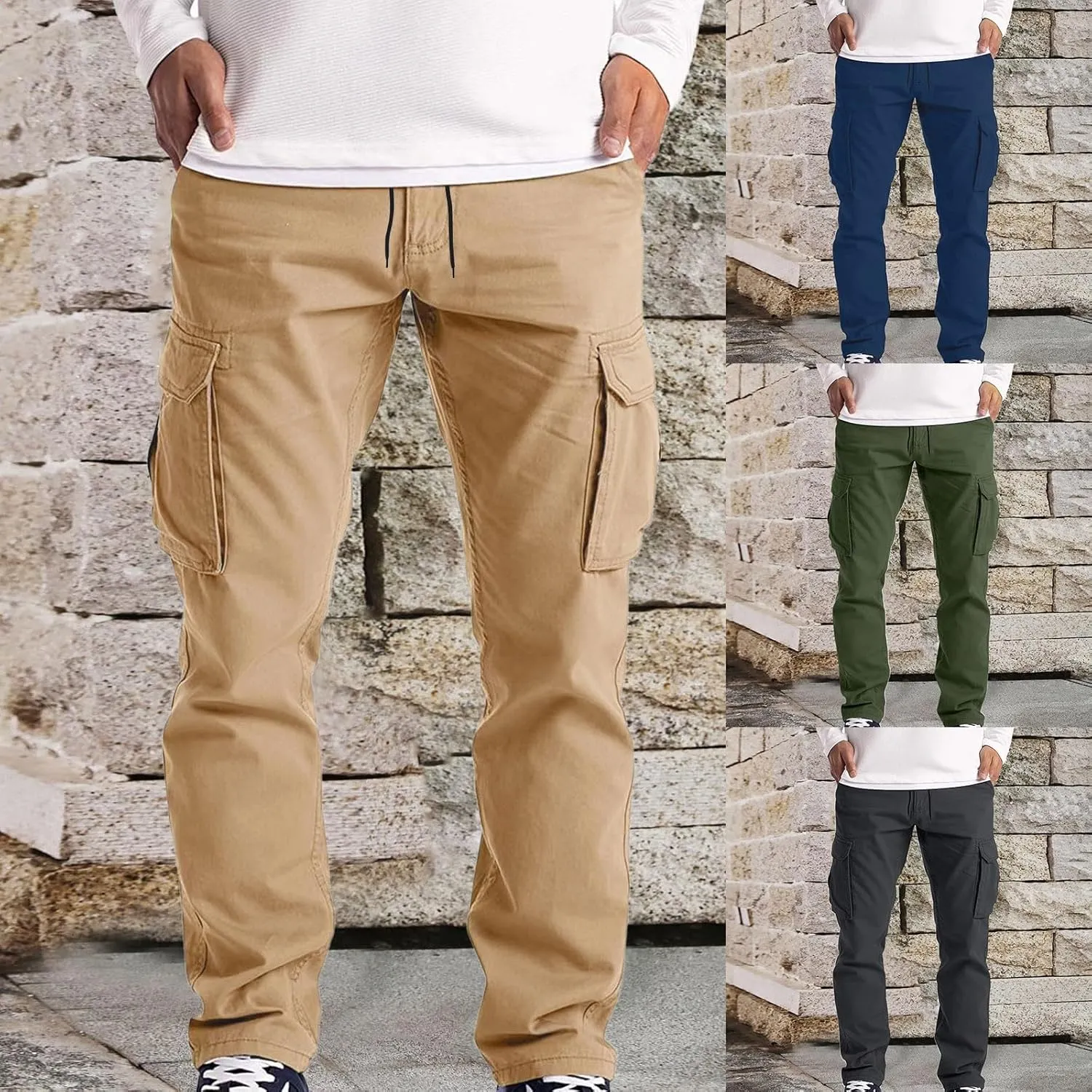 Cargo Pants for Men Baggy Workout Cargo Pants Lightweight Long Sweatpant Men's Drawstring Waist Flap Pocket Workout