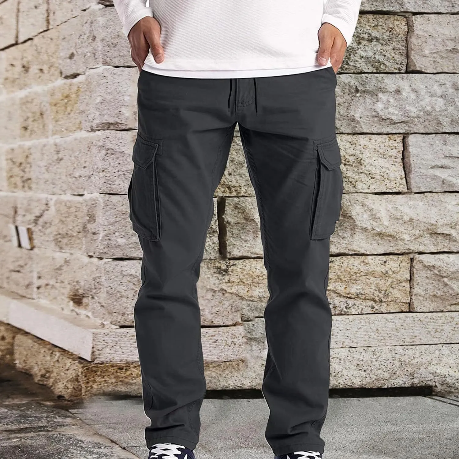Cargo Pants for Men Baggy Workout Cargo Pants Lightweight Long Sweatpant Men's Drawstring Waist Flap Pocket Workout