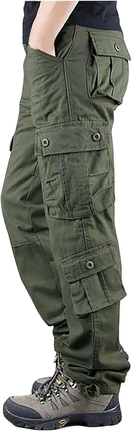 Cargo Pants Men Casual Stylish Multi Pockets Solid Cotton Straight Trousers Skinny-Fit Outdoor Fashion Sweatpants