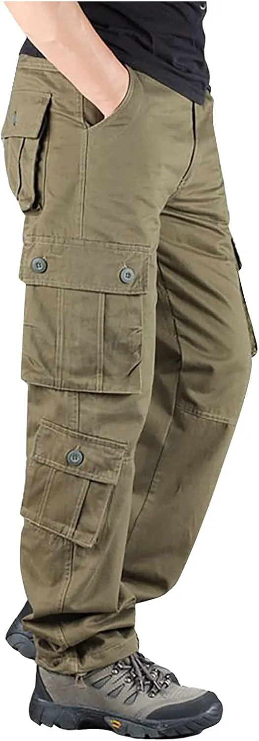 Cargo Pants Men Casual Stylish Multi Pockets Solid Cotton Straight Trousers Skinny-Fit Outdoor Fashion Sweatpants