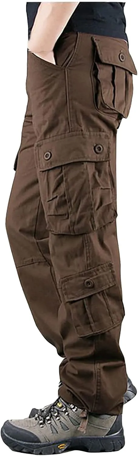 Cargo Pants Men Casual Stylish Multi Pockets Solid Cotton Straight Trousers Skinny-Fit Outdoor Fashion Sweatpants