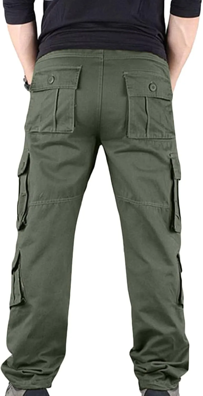 Cargo Pants Men Casual Stylish Multi Pockets Solid Cotton Straight Trousers Skinny-Fit Outdoor Fashion Sweatpants