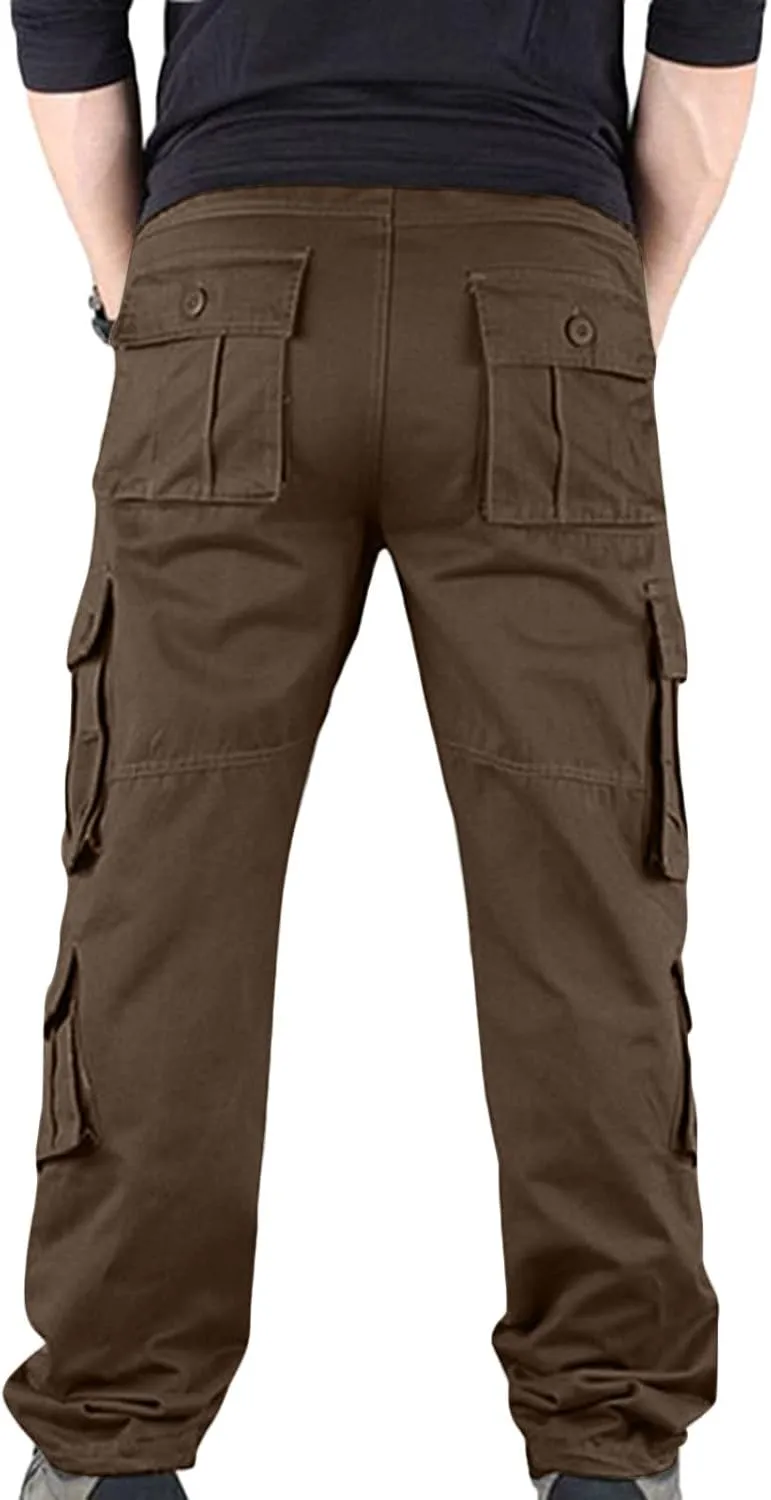 Cargo Pants Men Casual Stylish Multi Pockets Solid Cotton Straight Trousers Skinny-Fit Outdoor Fashion Sweatpants