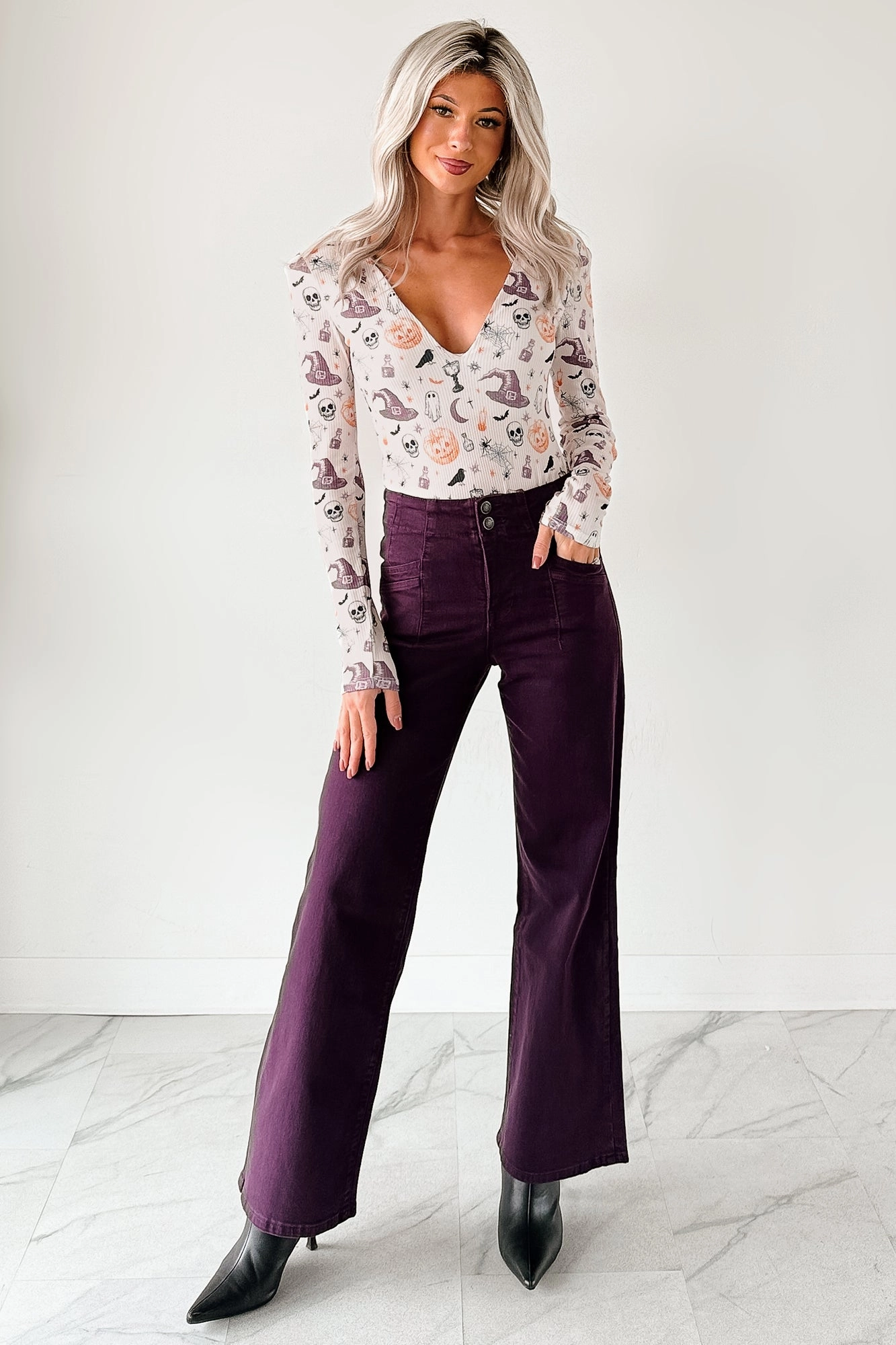Snag Proof Fabric Carlotta High Rise Wide Leg Mica Denim Jeans (Plum)