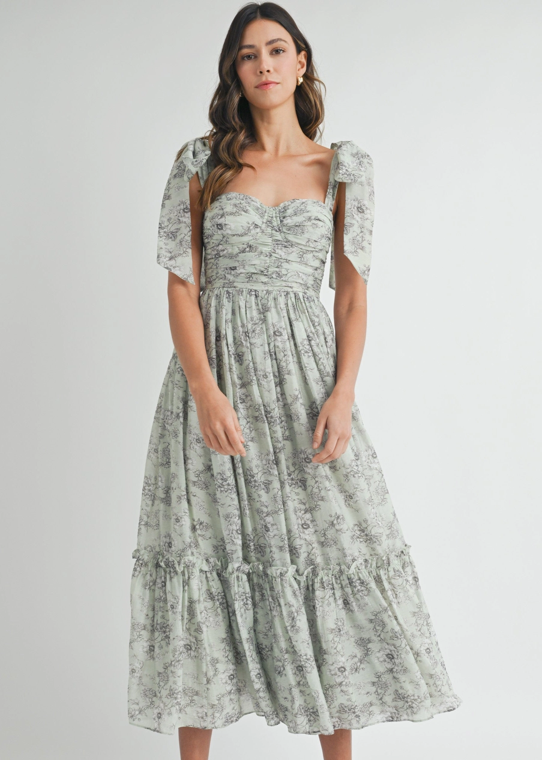 Seasonal Fit Relaxed Waist Fit GEMMA FLORAL RUCHED MIDI DRESS