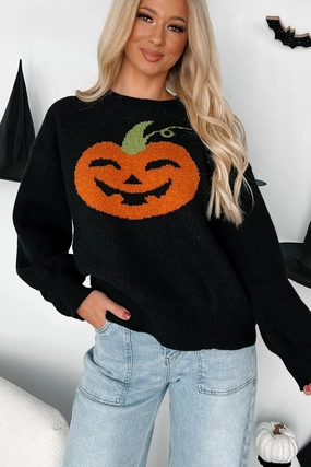 SnagResistant Carving Smiles Knit Halloween Sweater (Black)