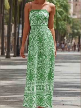 Layered Movement Smart Fabric Cascais Bohemia Tropical Palm Strappy Sundress ??Lightweight Summer Dress