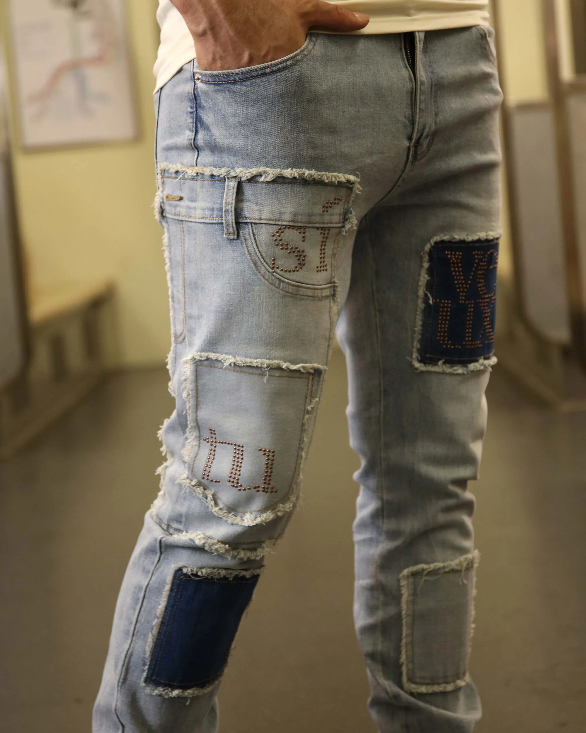 Casual Blue Jeans with Small Diamonds & Square Patches-Mexico Local Delivery