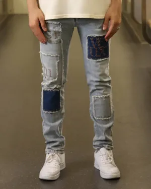 Casual Blue Jeans with Small Diamonds & Square Patches-Mexico Local Delivery