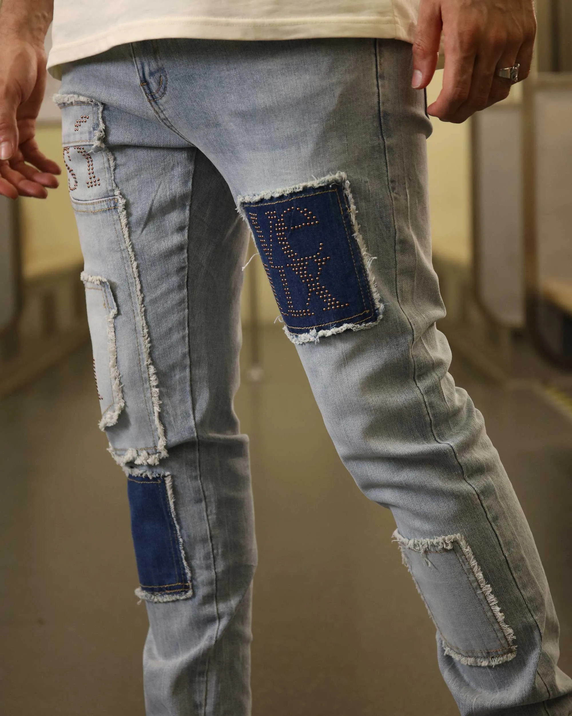 Casual Blue Jeans with Small Diamonds & Square Patches-Mexico Local Delivery