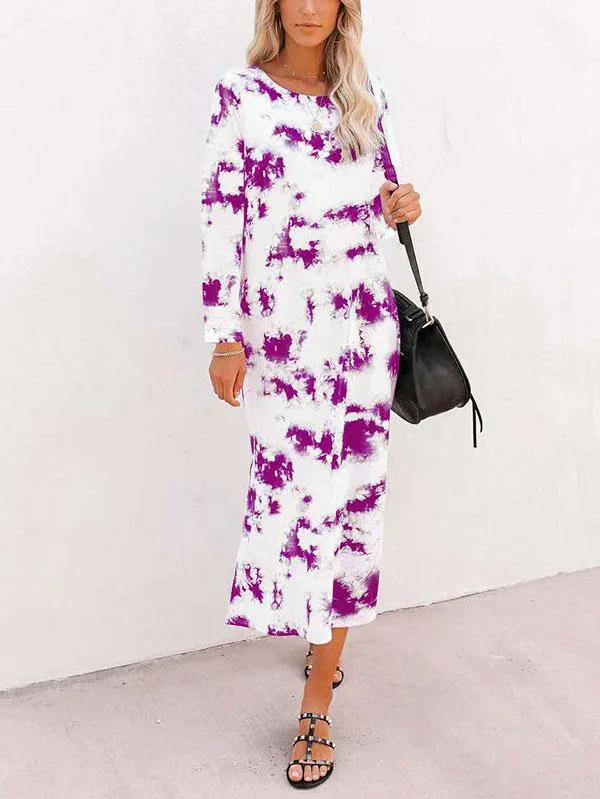 Casual Elegant Tie Dye Crew Neck Long Sleeve Slit Maxi Dress