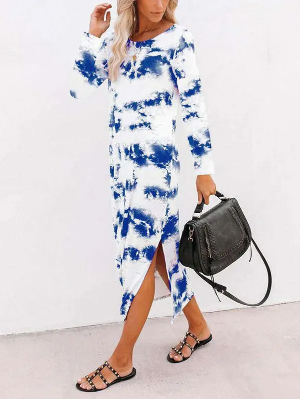 Casual Elegant Tie Dye Crew Neck Long Sleeve Slit Maxi Dress