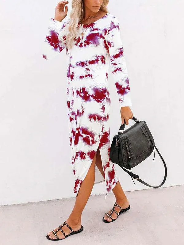 Casual Elegant Tie Dye Crew Neck Long Sleeve Slit Maxi Dress