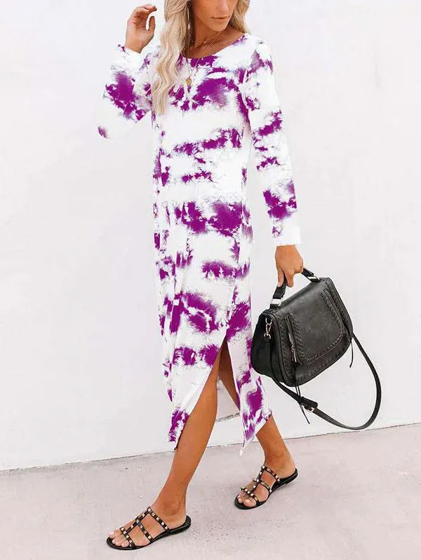 Casual Elegant Tie Dye Crew Neck Long Sleeve Slit Maxi Dress