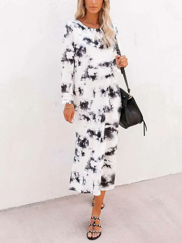 Casual Elegant Tie Dye Crew Neck Long Sleeve Slit Maxi Dress