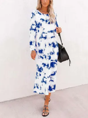 Casual Elegant Tie Dye Crew Neck Long Sleeve Slit Maxi Dress