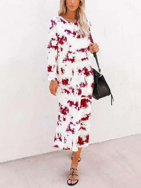 Casual Elegant Tie Dye Crew Neck Long Sleeve Slit Maxi Dress