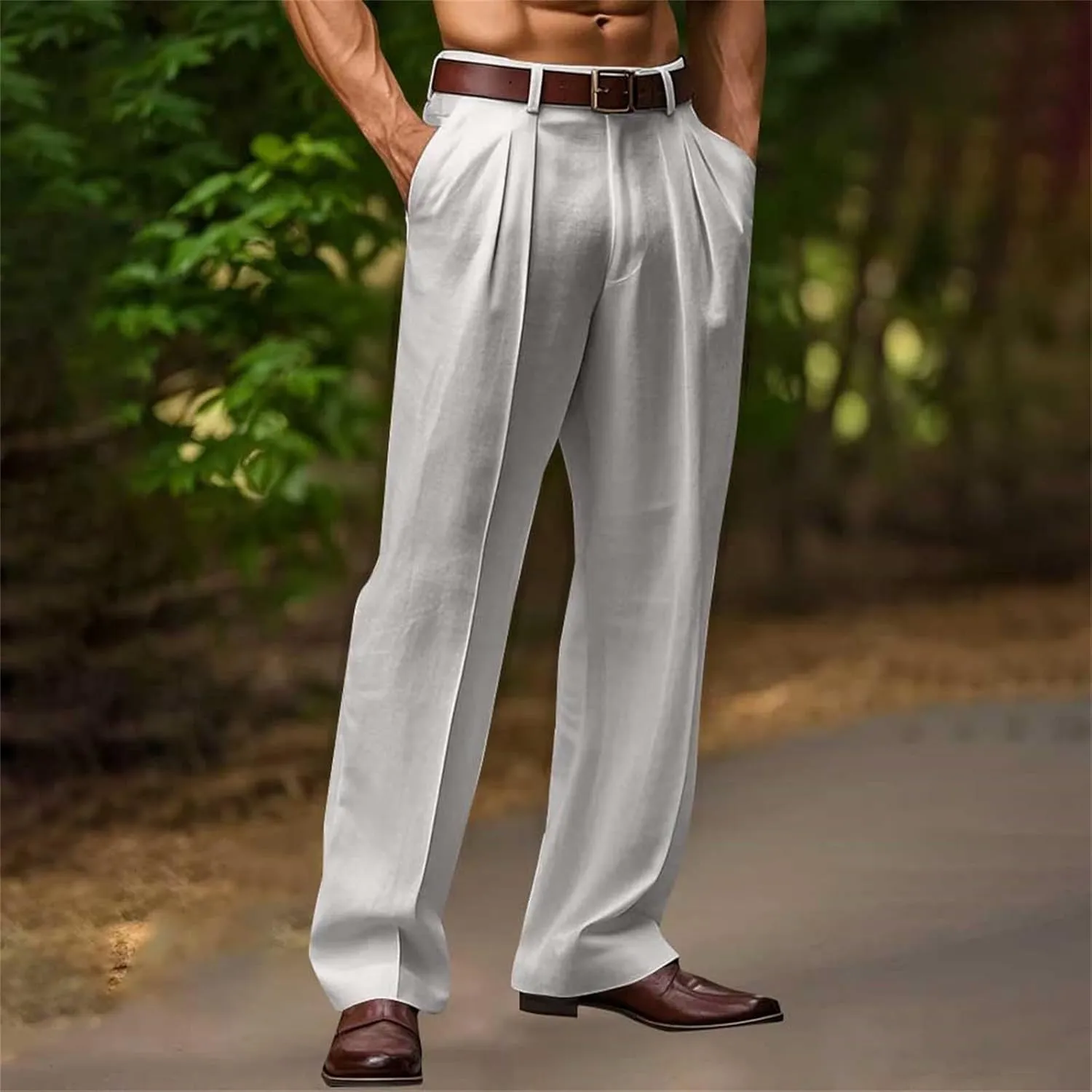 Casual Loose Fit Linen Pants for Men Loose Fit Straight-Legs Yoga Beach Trousers with Pocket Summer Plain Beach Pant
