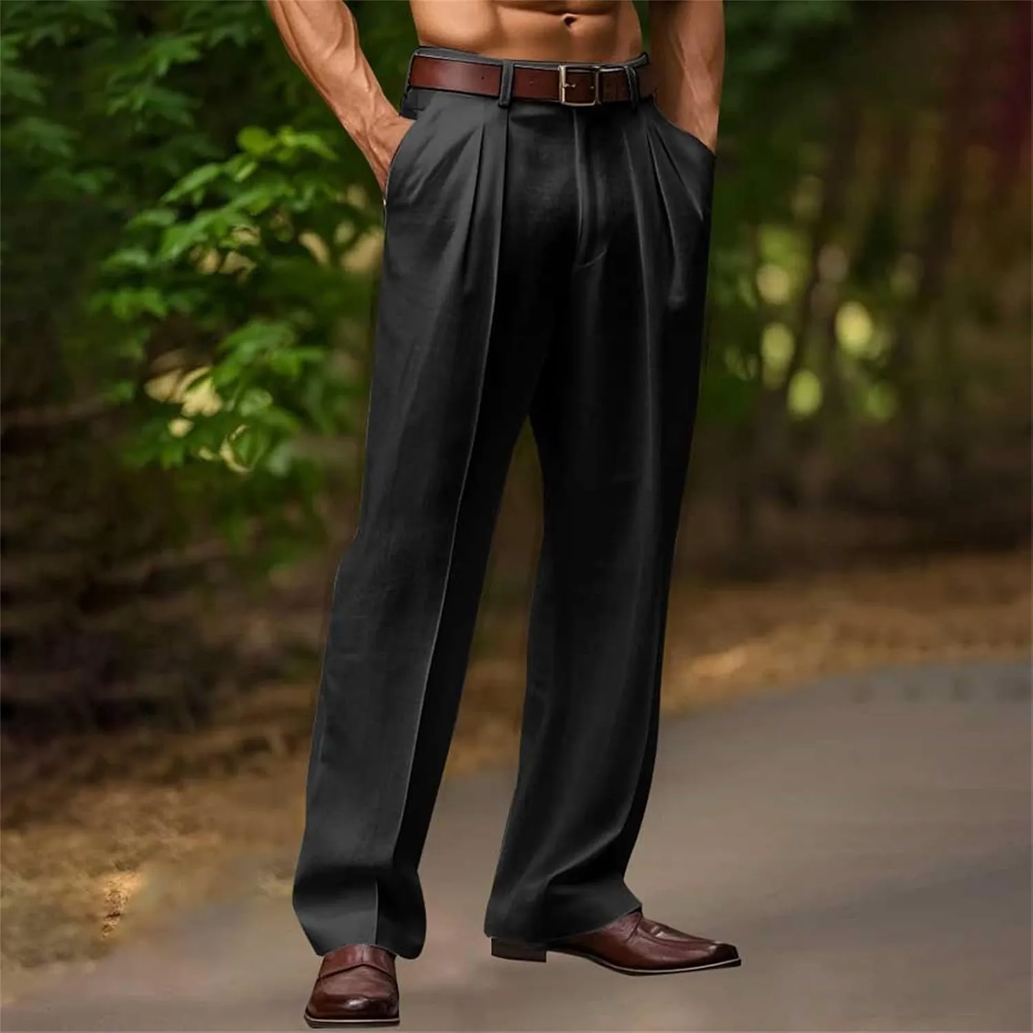 Casual Loose Fit Linen Pants for Men Loose Fit Straight-Legs Yoga Beach Trousers with Pocket Summer Plain Beach Pant